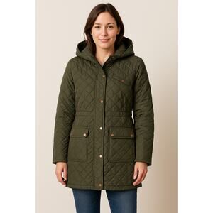 Merona Women’s Green Quilted Hooded Long Coat Jacket Size Large